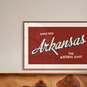 Impresión artística retro de Arkansas, póster del estado natural de Arkansas, arte mural de Arkansas, decoración de pared retro de Estados Unidos, regalo para viajeros de Arkansas