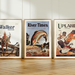 Retro Wildlife Prints Hunting + Fishing Art Poster Set of 3 Wildlife Wall Prints Vintage Hunting Artwork Fishing Gift for Dad