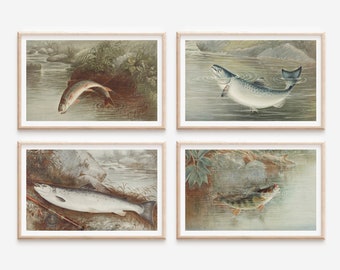 Retro Fish Prints Set of 4 Vintage Fishing Posters Fishing Prints Rustic Outdoorsy Decor Angler Wall Art Hunting + Fishing Gift for Dad