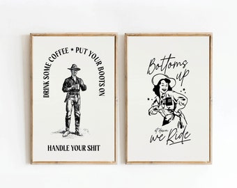 Láminas de café del oeste, decoración de bar de vaqueros y vaqueras (juego de 2)