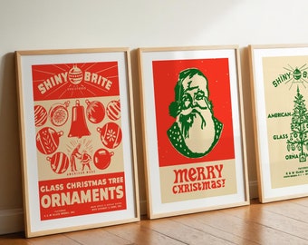 Retro Holiday Art Prints Christmas Art Poster Set of 3 Christmas Wall Prints Retro Christmas Decor Kitchen Decor Holiday Party Gift for Home