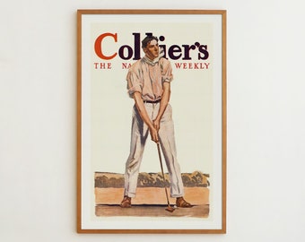 Pode incluir: Uma capa de revista vintage com um homem de camisa branca e calças brancas jogando golfe. A revista é intitulada "Collier's" e o texto "The National Weekly" está impresso abaixo do título.