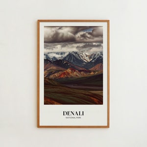 Stampa rustica Denali Alaska Art Denali National Park Poster di viaggio Regalo per viaggiatori Monte McKinley Decorazione murale Paesaggio montano all'aperto