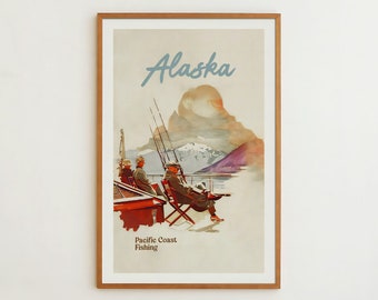 Alaska Fishing Print Retro Fishing Art Fishing Wall Art Pacific Coast Travel Poster Fishing Gift for Dad Outdoorsy Wall Decor