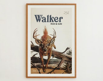 May include: A vintage magazine cover featuring a white-tailed deer with antlers, jumping over a fallen log. The magazine is titled "Walker Rod & Gun" with the price "25¢" printed in the top right corner. The cover also includes the text "Fall Season".