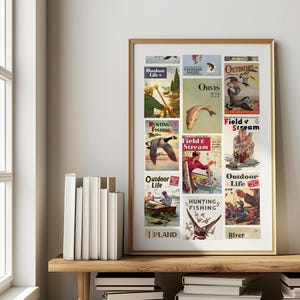 Retro Wildlife Collage Hunting + Fishing Art Poster Wildlife Wall Print Vintage Hunting Artwork Fishing Gift for Dad
