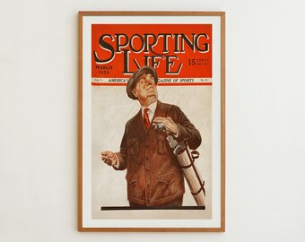Pode incluir: Uma capa de revista vintage para "Sporting Life", uma revista de esportes, com um homem de jaqueta marrom segurando uma bolsa de golfe. A capa é datada de março de 1923 e o preço é de 15 centavos.
