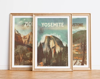 Conjunto de carteles de parques nacionales vintage, 3 impresiones de viajes por países, decoración de aventura de vida silvestre de estilo vintage, regalo de arte de pared al aire libre