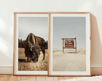 Colorado Art Print Set, Bison & Welcome Sign, Travel Decor