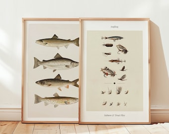 Salmon + Trout Fishing Prints Set of 2 River Fish Flies Art Outdoorsy Wall Art Travel Decor Cabin Artwork Dad Gift for Him