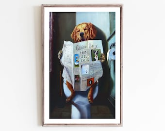 Funny Dog Art Bathroom Decor Toilet Humor Funny Bathroom Dog Digital Oil Painting Home Wall Art Digital Download Printable Art