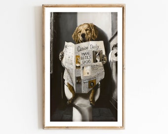 Funny Dog Art Bathroom Decor Toilet Humor Funny Bathroom Dog Digital Oil Painting Home Wall Art