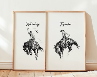 Western Bar Prints Cowboy Wall Art Western Bar Decor Wild West Bar Cart Posters Set of 2 Whisky Tequila Bar Art Gift for Friend Home