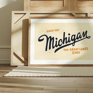 Impresión de arte retro de Michigan, póster del estado de los Grandes Lagos, Michigan, decoración de pared de Michigan, arte de pared retro de Estados Unidos, regalo para viajeros o habitantes de Michigan