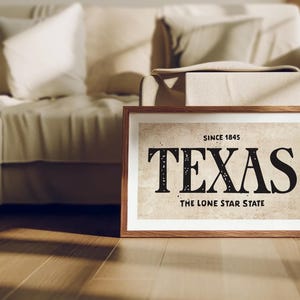 May include: A framed print with a vintage aesthetic featuring the text "SINCE 1845 TEXAS THE LONE STAR STATE" in black lettering on a beige background.