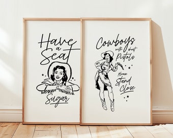 Cowgirl Bathroom Print Set of 2 Western Bathroom Wall Art Cowboy Bathroom Posters Toilet Humor Guest Bathroom Sign Amusing Gift for Home