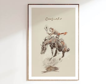 May include: A vintage illustration of a woman riding a horse, with the word "Cowgirls" written in cursive at the top of the image.