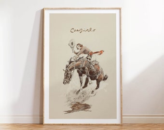 May include: A vintage illustration of a cowgirl riding a horse. The image is in black and white with brown and orange accents. The text "Cowgirls" is written at the top of the image.