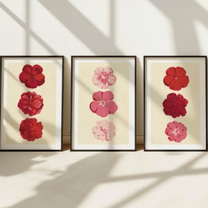 Juego de 3 impresiones de flores retro, pósteres artísticos de flores rosas y rojas, impresiones de pared de flores coloridas, decoración de flores retro, decoración de cocina, regalo para el hogar para un amigo.