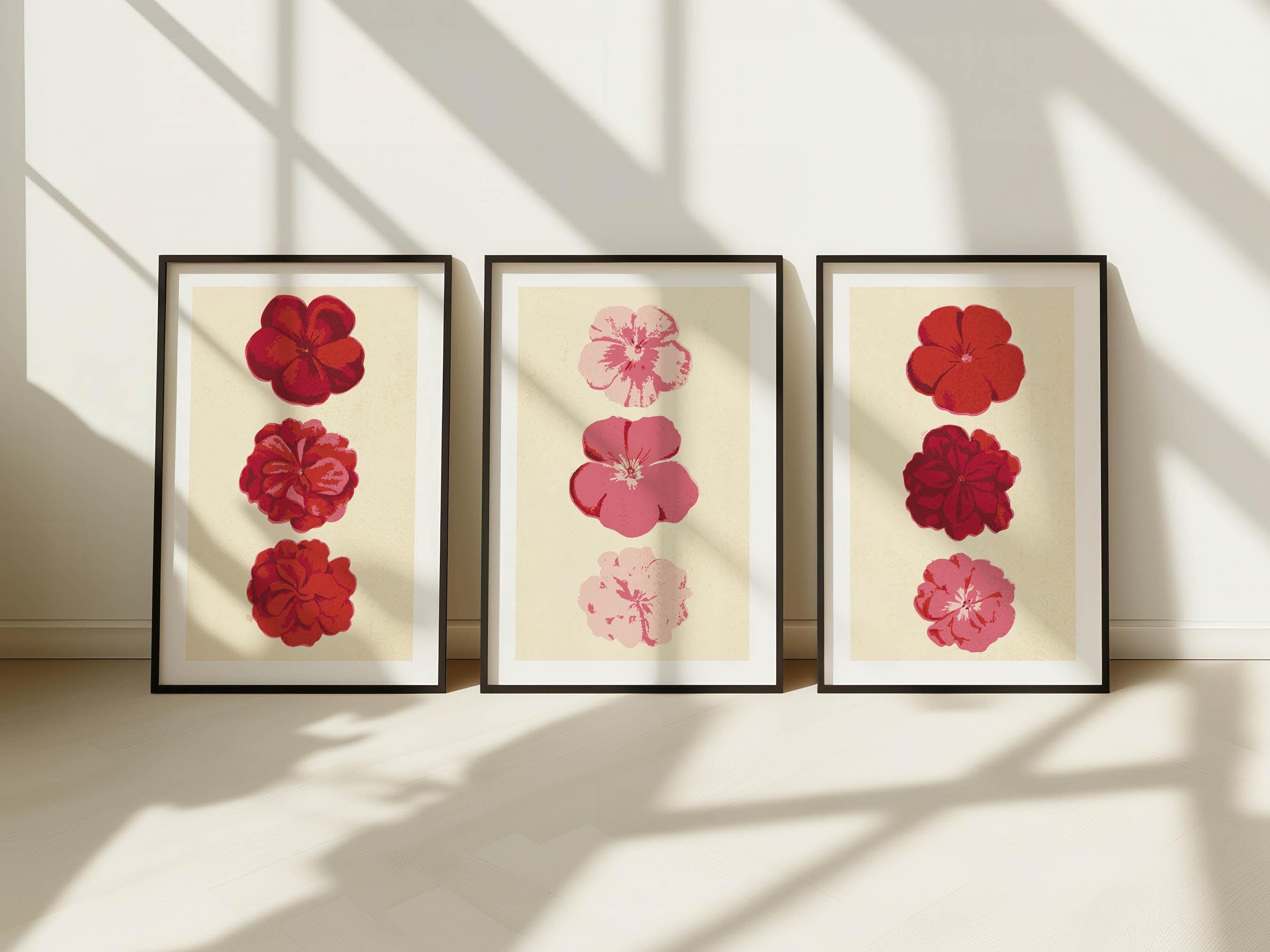 Retro Flower Prints Pink + Red Flower Art Posters Set of 3 Colorful Flower Wall Prints Retro Flower Decor Kitchen Decor Home Gift for Friend