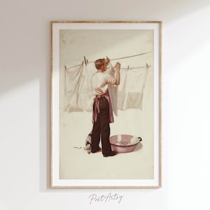 Laundry Room Decor Hanging Laundry Painting Vintage Midcentury Style Poster Print  Man Hanging Clothes Laundry Wall Art Gift for Her Home