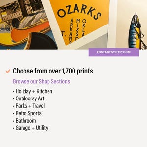 May include: A selection of vintage-style art prints, including a poster with the word "OZARKS" and a fishing lure illustration. The image also features a list of shop sections, such as "Holiday + Kitchen" and "Outdoorsy Art."