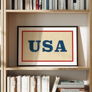 Puede incluir: Un cuadro enmarcado con la palabra "USA" en letras azules sobre un fondo crema, con un borde rojo y un marco negro. El cuadro se exhibe en una estanter&iacute;a de madera llena de libros.