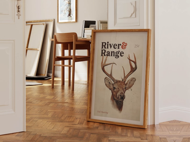 May include: A framed print of a vintage magazine cover featuring a deer with antlers and the text "River & Range 25c Fall Hunting".