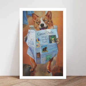 Puede incluir: Una ilustraci&oacute;n de dibujos animados de un perro corgi sentado en un inodoro y leyendo un peri&oacute;dico llamado "Canine Daily" con el titular "Dog Catches Tail!"