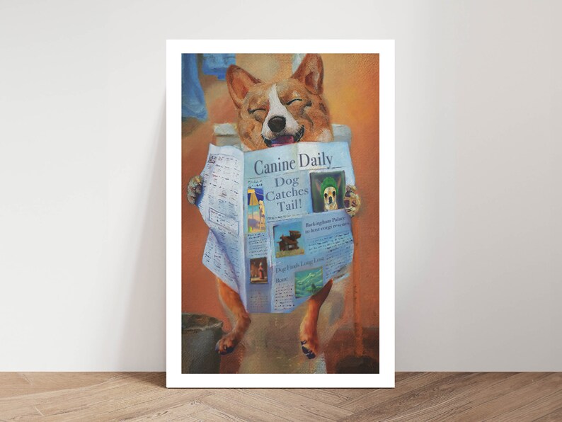 Puede incluir: Una ilustraci&oacute;n de dibujos animados de un perro corgi sentado en un inodoro y leyendo un peri&oacute;dico llamado "Canine Daily" con el titular "Dog Catches Tail!"