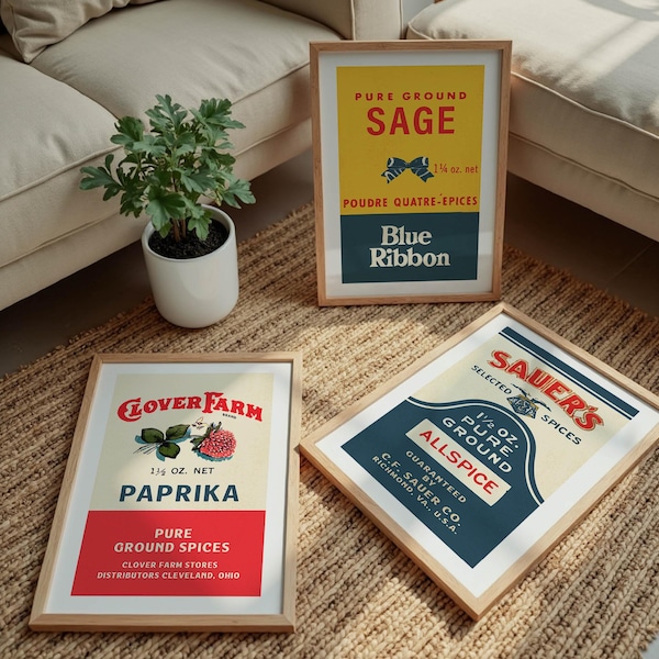 Retro Gewürz Label Prints, Küchen Wand Kunst Poster Set von 6