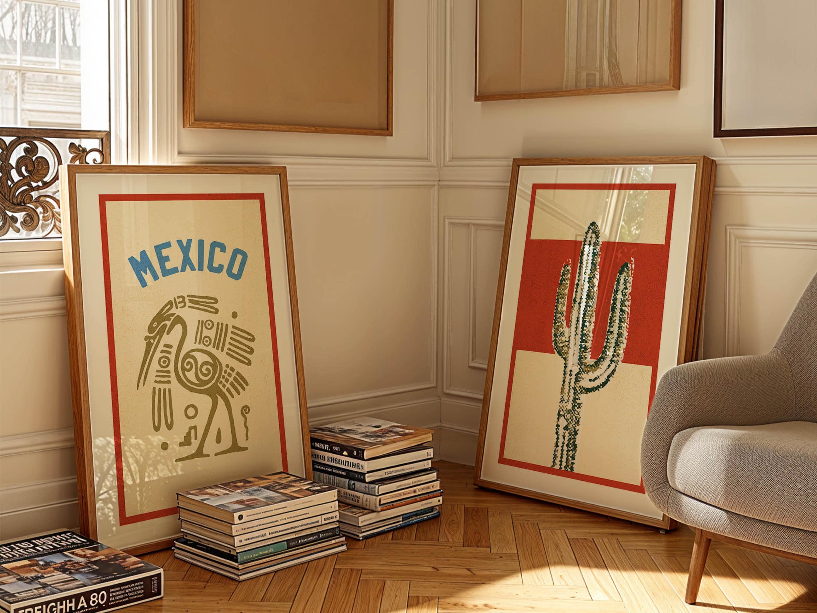 Retro Mexico Travel Prints Set of 2 Mexico Art Bird + Cactus Posters Colorful Mexican Artwork Gift for Traveler Outdoorsy Wall Art
