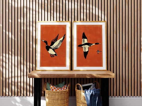 Retro Mallard Art Prints Bird Hunting Posters Set of 2 Outdoorsy Wall Prints Home Office Decor Nature Wall Art Hunting Gift for Him