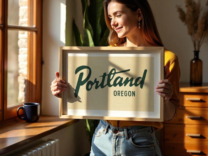 May include: A framed print with the word "Portland" in a stylish script font and "Oregon" below it. The print has a light tan background and a wooden frame. The image is held by a person.