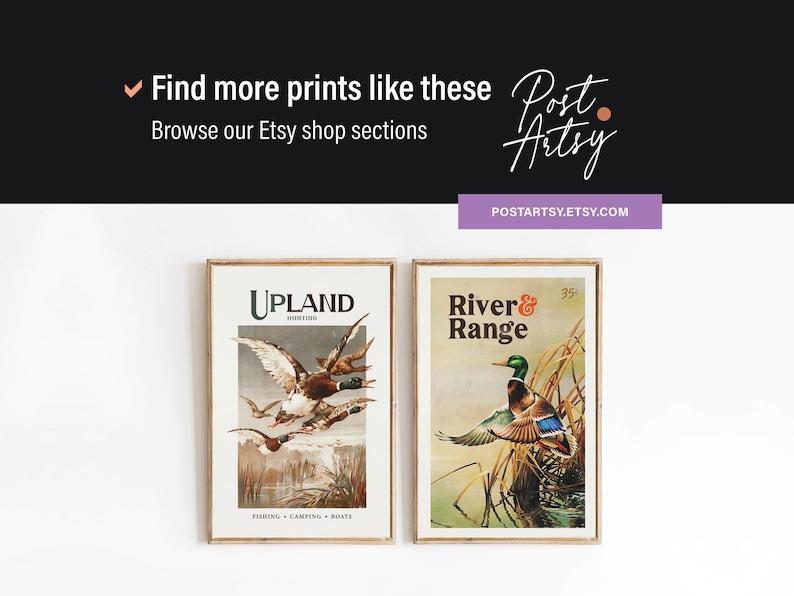 May include: Two vintage magazine covers featuring illustrations of ducks. The first cover is titled "Upland" and features a group of ducks in flight. The second cover is titled "River & Range" and features a single duck in a marsh.