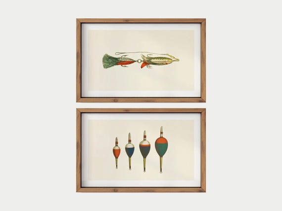 artwork using fishing lures and bobblers Old Time Fishing Art Posters Retro Fishing Gear Prints Set of 2 Fisherman  Wall Prints Vintage Angling Artwork Fishing Gift for Dad