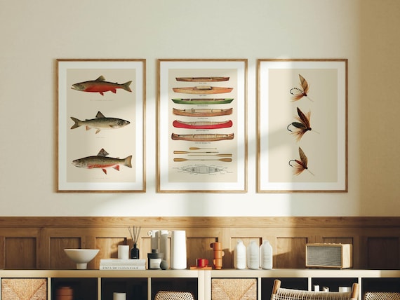 Retro Fishing Art Prints: Outdoorsy Wall Decor, Set of 3