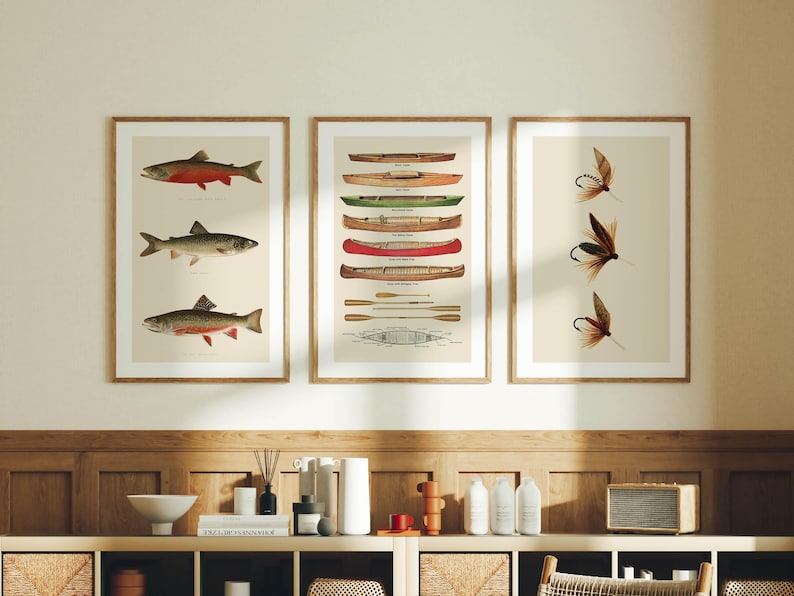 Retro Fiskekonsttryck: Väggdekorationer för utomhusbruk, set om 3 ALL 3 PRINTS
