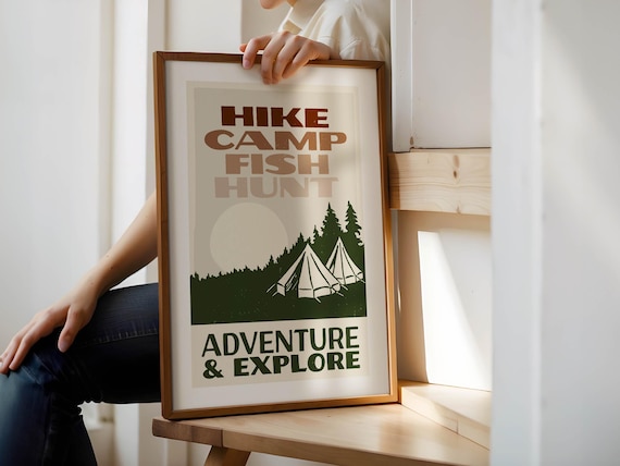 Fun Hiking Camping Print Gift for Kids Art Poster Retro Camping Wall Decor Hiking Artwork Outdoorsy Wall Art Camping RV Decor