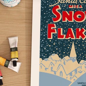 May include: Vintage style illustration of a snowy winter scene with a blue background and white snow. The text "Santa Claus Mica Snowflakes" is in red and white lettering. The text "Sprinkled Liberally" is in black lettering.