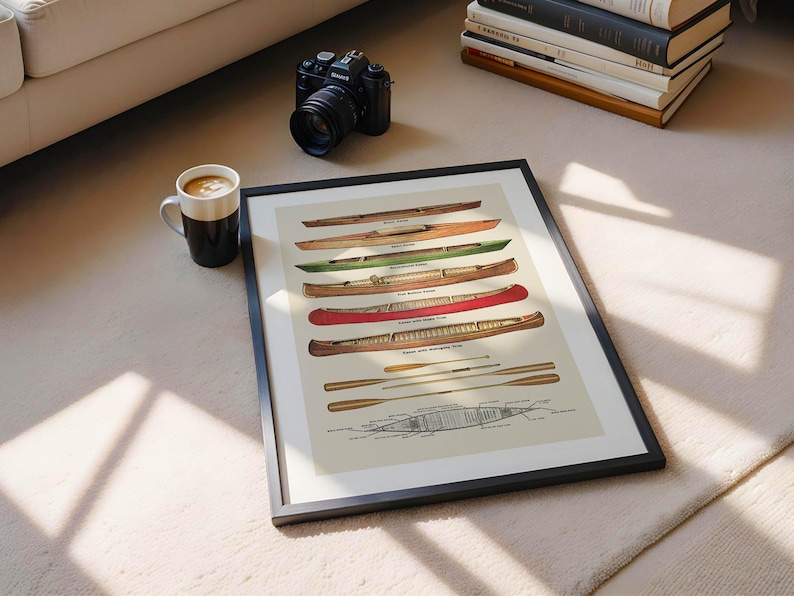 May include: Framed print with illustrations of canoes and paddles. The print displays detailed drawings of different canoe designs, in a black frame. A black camera and a mug of coffee are also visible.