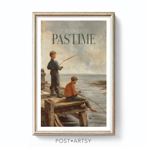 Vintage Fishing Poster Print Dad + Son Painting Warm Tones Outdoorsy Wildlife Decor Retro Angler Wall Art Gift For Dad Family