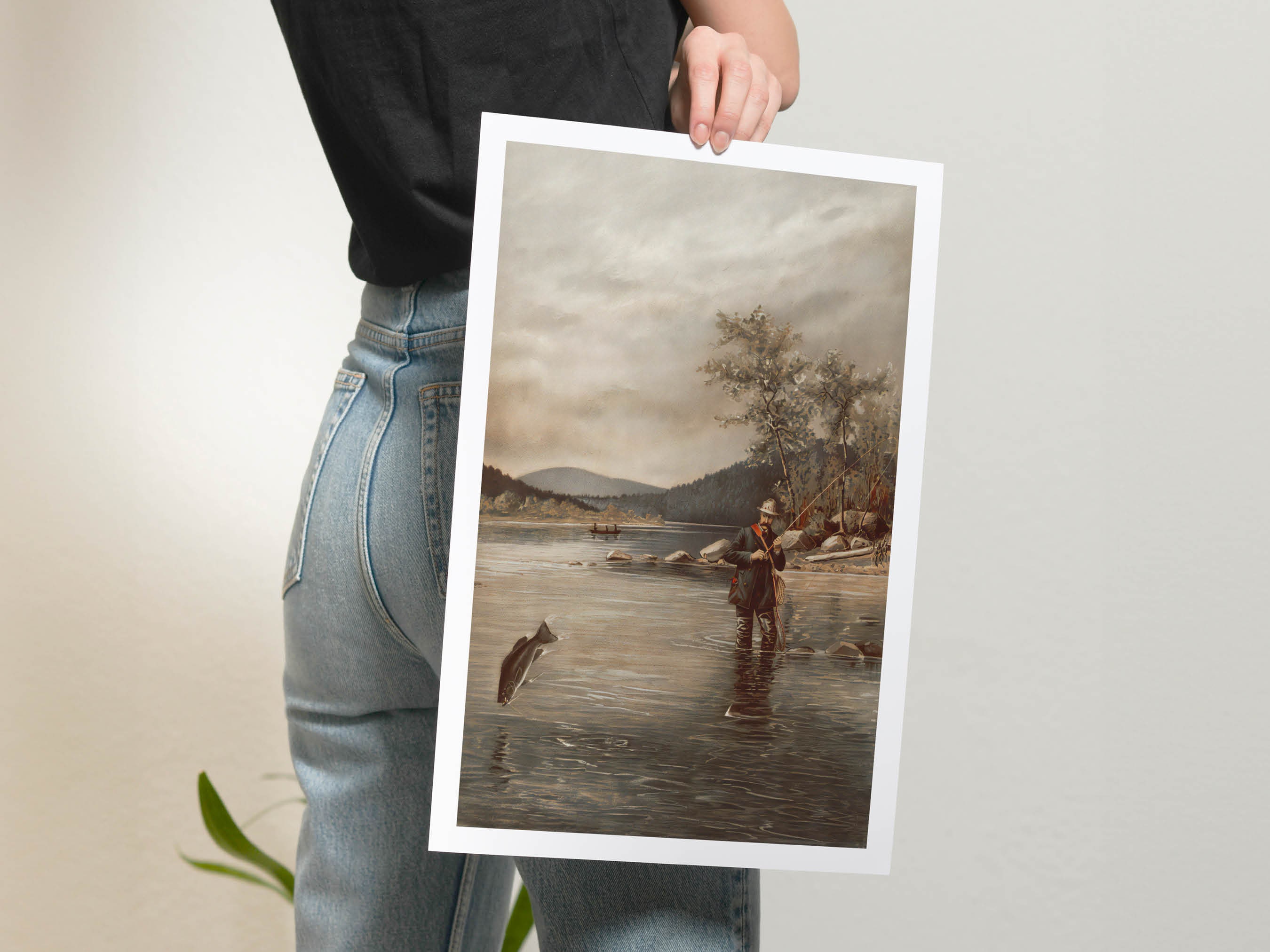 ヴィンテージフライフィッシングプリントセット、素朴な釣り人の