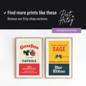 May include: Two framed vintage-style prints. One features "Clover Farm Paprika" with a red and cream design. The other showcases "Pure Ground Sage" with a yellow and blue design. The prints are displayed on a white background.
