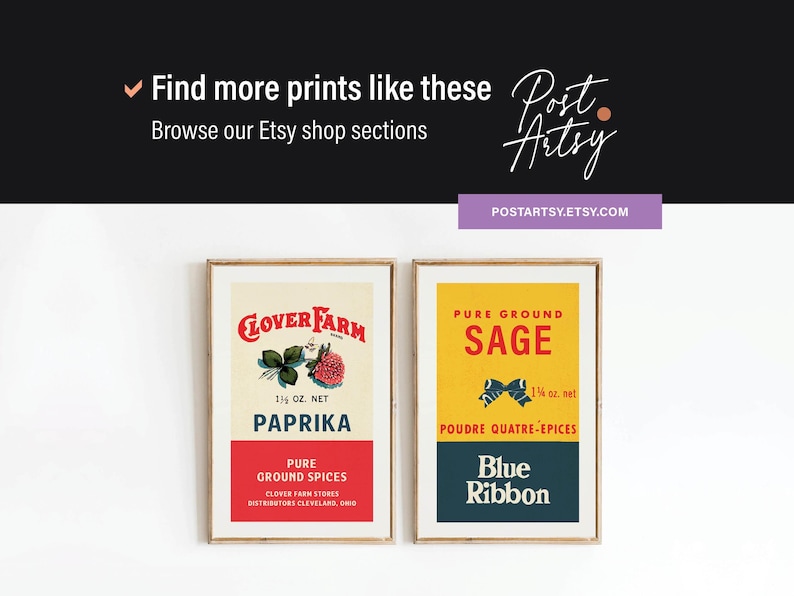May include: Two framed vintage-style prints. One features "Clover Farm Paprika" with a red and cream design. The other showcases "Pure Ground Sage" with a yellow and blue design. The prints are displayed on a white background.