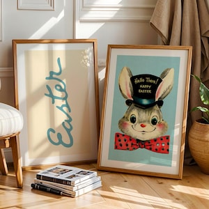 Retro påskkonsttryck Set med 2 retro skrift + kaninposters Påskväggkonst Festlig köksdekoration Julklapp till hemmet BOTH PRINTS