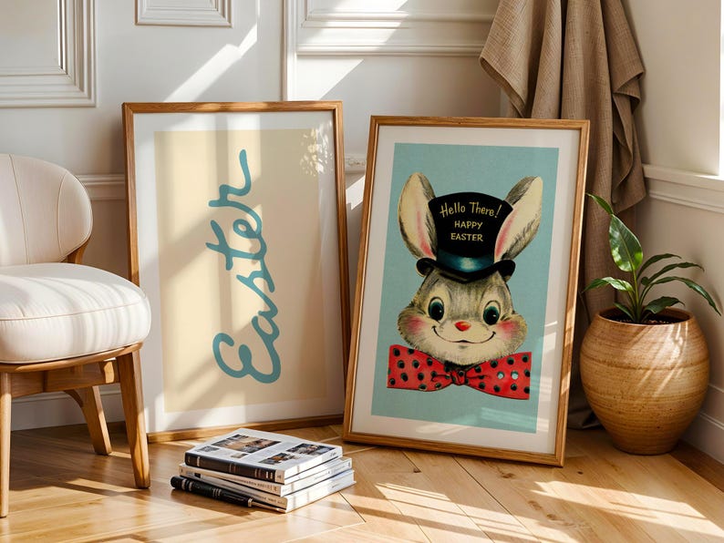 Retro påskkonsttryck Set med 2 retro skrift + kaninposters Påskväggkonst Festlig köksdekoration Julklapp till hemmet BOTH PRINTS