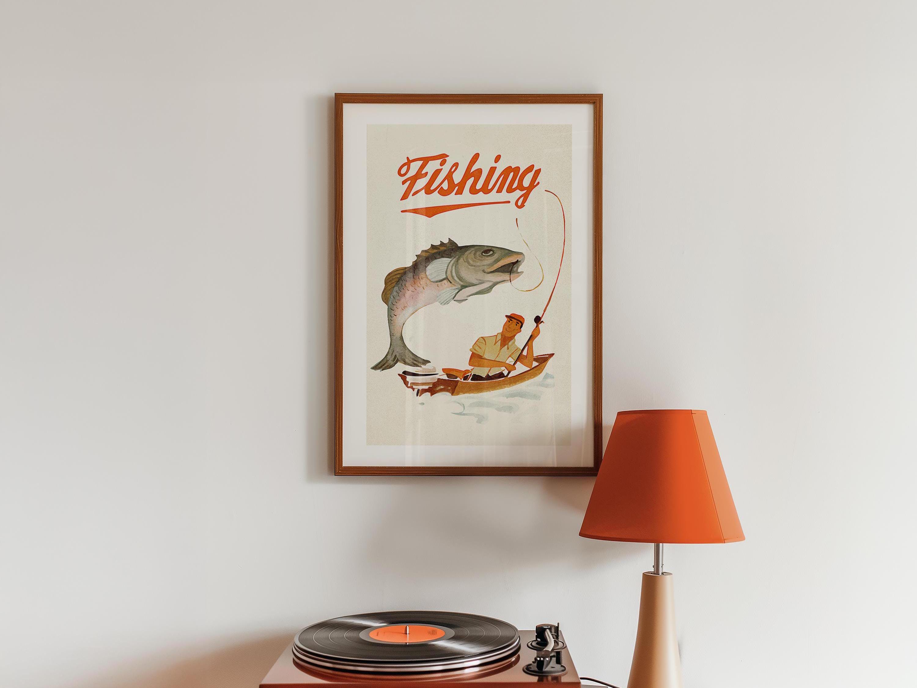 Retro Fishing Print Old Time Fishing Art Poster Gift for Fisherman Wall Art Kids Room Outdoorsy Decor Fishing Gift for Dad