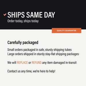 May include: A graphic with a black header containing the white text SHIPS SAME DAY and a checkmark. Below, an orange box reads QUALITY GUARANTEE. The white body text states Carefully packaged, small orders in tubes, large in flat packages.