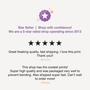 Peut inclure: Cinq &eacute;toiles pour une boutique avec un badge de vendeur &eacute;toile violet. L'avis indique "Superbe qualit&eacute;, livraison rapide. J'adore cette impression. Merci !! -Veronica" et "Cette boutique a les impressions les plus cool ! Superbe qualit&eacute; et emball&eacute; tr&egrave;s bien pour &eacute;viter les plis. Exp&eacute;dition &eacute;galement super rapide. J'ai h&acirc;te de commander plus ! -Melissa"